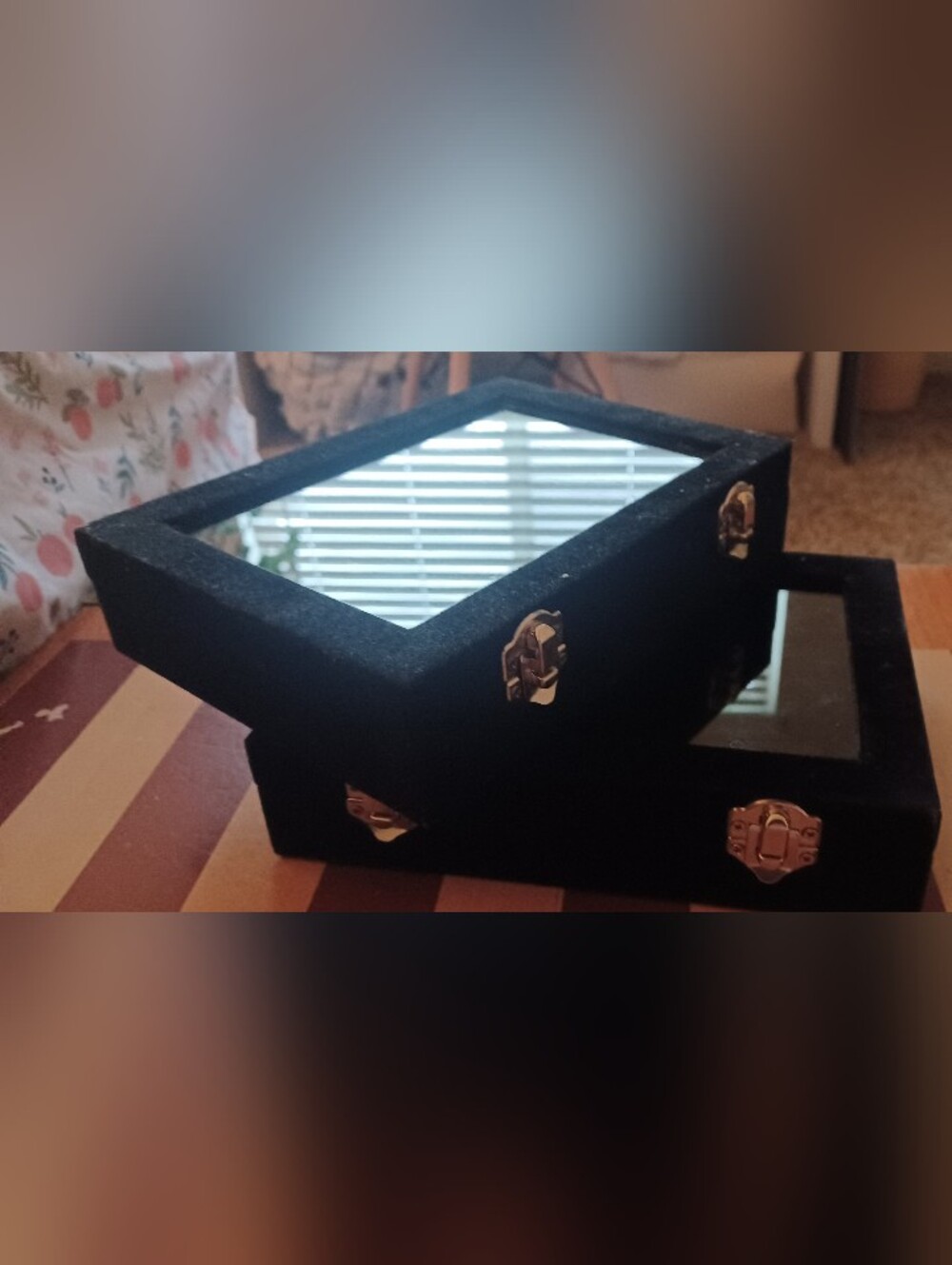 2 Black Velvet Jewelry Box with Glass and Silver Hardware